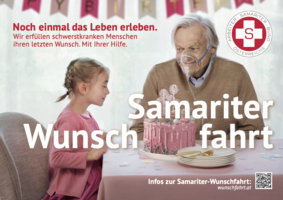 Plakat für die Samariter-Wunschfahrt mit einem kleinen Kind und einem Opa, welche den einen Geburtstag feiern.