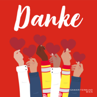 Illustration von mehreren Händen mit verschiedenen Ärmeln wie Uniform, weißes Hemd und blaue Jacke, alle halten ein Herz in den Fingern, darüber steht in Schreibschrift Danke